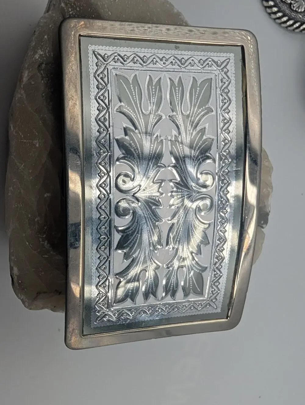 Vintage Western Americana Belt Buckle Engraved Silver Tone Scrollwork USA Made